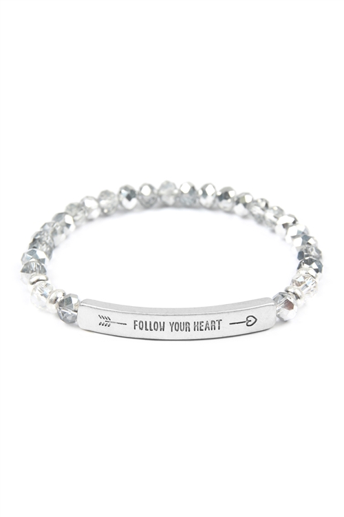 S1-6-2-83592CALWS - FOLLOW YOUR HEART 6MM GLASS BEADS STRETCH BRACELET - SILVER MATTE SILVER/6PCS