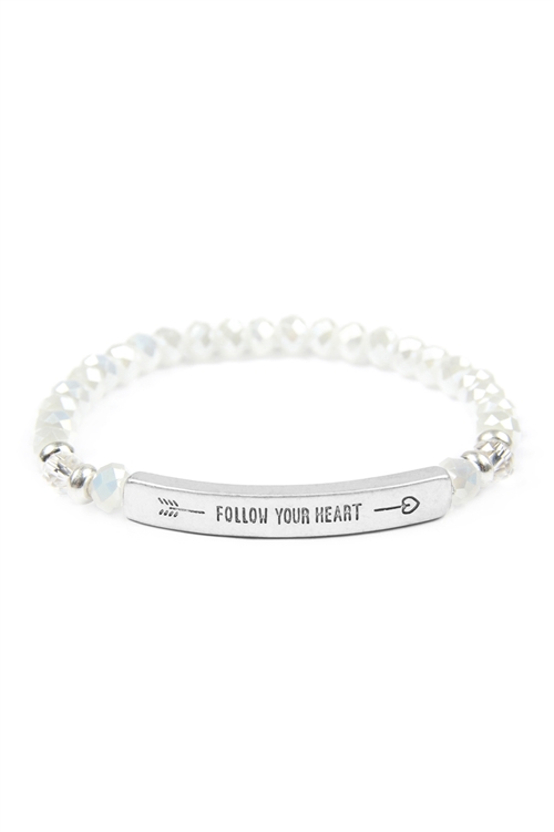 S1-6-2-83592WOWS - FOLLOW YOUR HEART 6MM GLASS BEADS STRETCH BRACELET - WHITE MATTE SILVER/6PCS