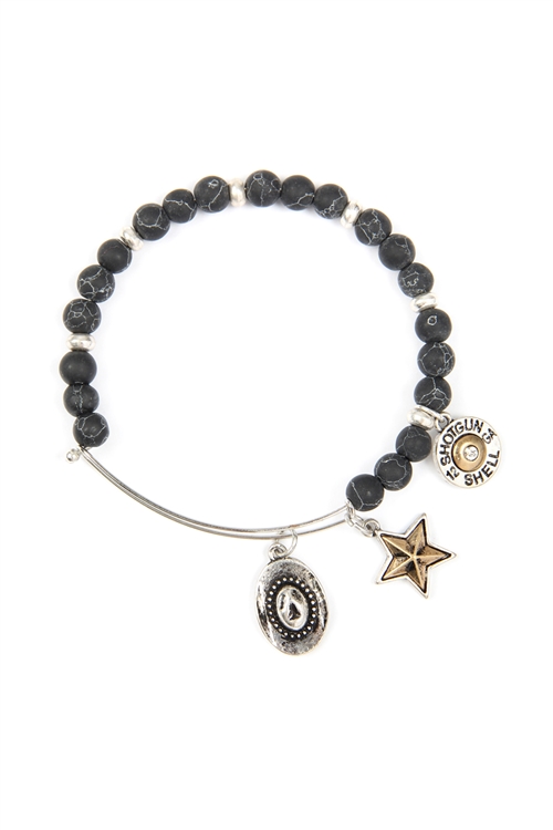 S24-8-2-83674JT-BS - COWBOY HAT CHARM NATURAL STONE BEADS WIRE BRACELET - BLACK SILVER/6PCS