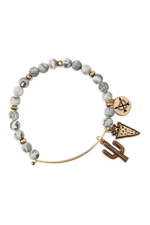 S25-8-5/S24-8-4-83678BD-BG - CACTUS CHARM WITH NATURAL STONE WIRE BRACELET - GRAY GOLD/6PCS