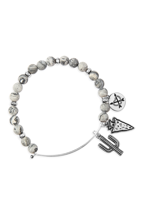 S25-8-5/S24-8-4-83678BD-BS - CACTUS CHARM WITH NATURAL STONE WIRE BRACELET - GRAY SILVER/6PCS