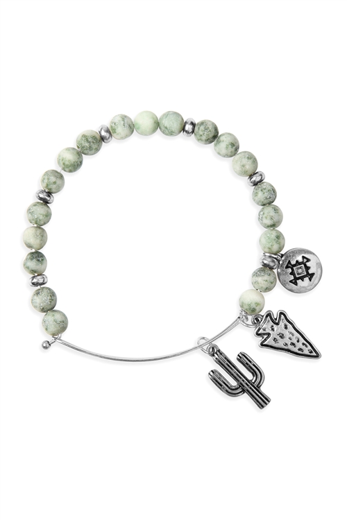 S25-8-5/S24-8-4-83678EM-BS - CACTUS CHARM WITH NATURAL STONE WIRE BRACELET - GREEN SILVER/6PCS