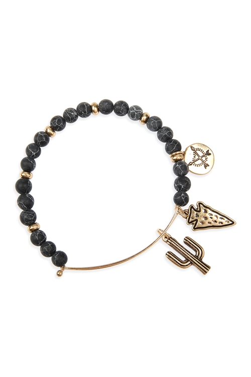 S25-8-5-83678JT-BG - CACTUS CHARM WITH NATURAL STONE WIRE BRACELET - BLACK GOLD/6PCS