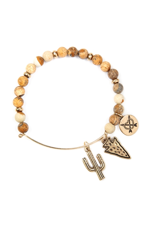 S25-8-5/S24-8-4-83678LCT-BG - CACTUS CHARM WITH NATURAL STONE WIRE BRACELET - BROWN GOLD/6PCS