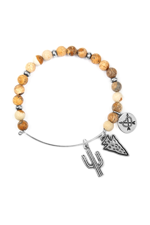 S25-8-5-83678LCT-BS - CACTUS CHARM WITH NATURAL STONE WIRE BRACELET - BROWN SILVER/6PCS