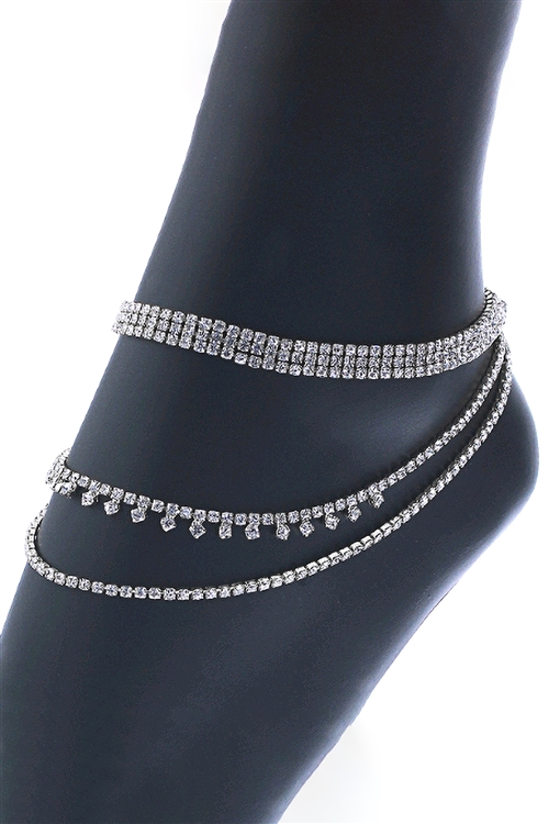 A1-2-3-83785ACR-S - RHINESTONE DOT DESIGN 3 LAYER ANKLET - CRYSTAL SILVER/1PC