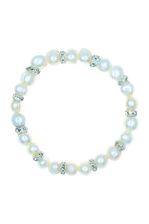 A1-1-3-83805WH - FRESHWATER PEARL W/ RHINESTONE  STRETCH BRACELET - WHITE/6PCS