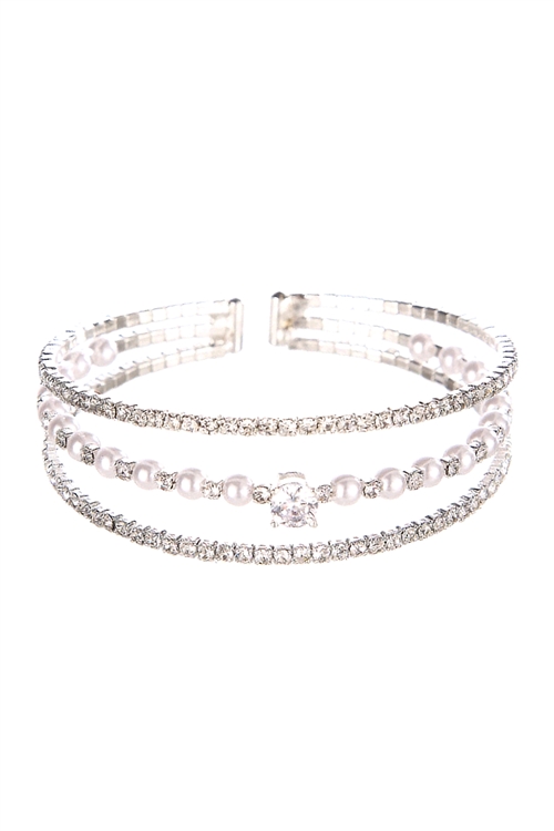 S1-1-5-83830WH-S - RHINESTONE, PEARL WIRE W/ CENTER CUBIC ZIRCONIA  CUFF BRACELET-WHITE SILVER/6PCS