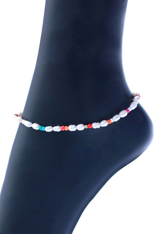 S1-6-3-83887AWHMU - FRESH WATER PEARL SEED BEAD STRETCH ANKLET-WHITE MULTICOLOR/6PCS
