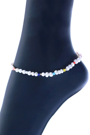 S1-1-5-83889AWHMU - FRESH WATER PEARL SEED BEAD STRETCH ANKLET-WHITE MULTICOLOR/1PC