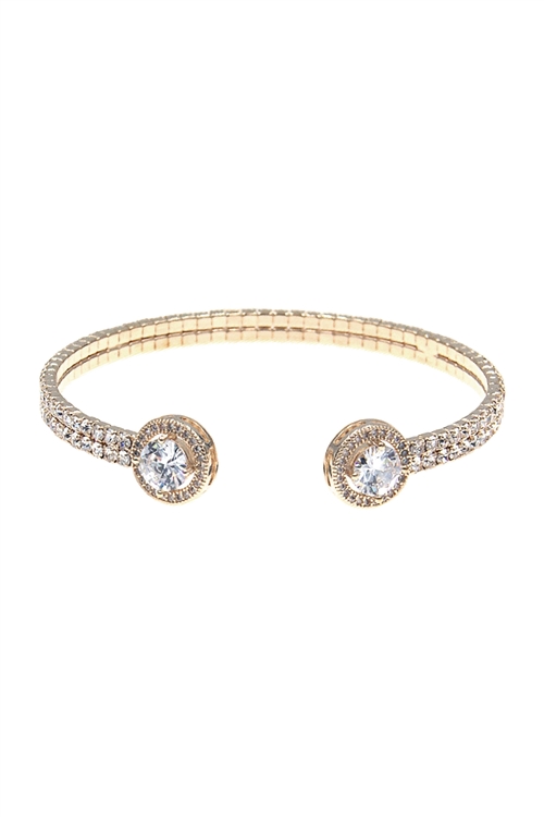 S6-6-2-83898CR-G - RHINESTONES  ROUND CUBIC ZIRCONIA  2 LINE WIRE CUFF BRACELET - CRYSTAL GOLD/1PC   (NOW $ 2.00 ONLY!)