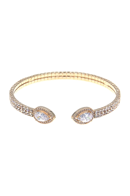 A1-1-3-83899CR-G - RHINESTONE PEAR SHAPE CUBIC ZIRCONIA  2 LINE CUFF BRACELET - CRYSTAL GOLD/6PCS