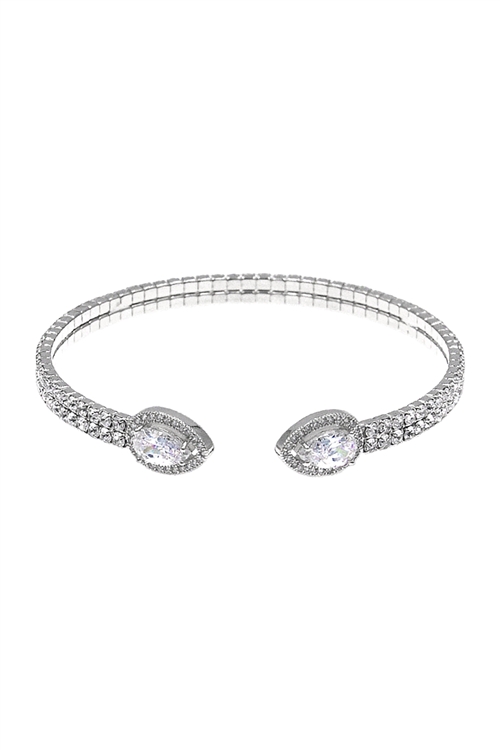 A1-1-3-83899CR-R - RHINESTONE PEAR SHAPE CUBIC ZIRCONIA  2 LINE CUFF BRACELET - CRYSTAL SILVER/6PCS