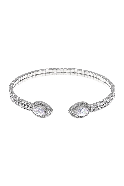 SA3-3-5-83899CR-R - RHINESTONE PEAR SHAPE CUBIC ZIRCONIA  2 LINE CUFF BRACELET - CRYSTAL SILVER/6PCS