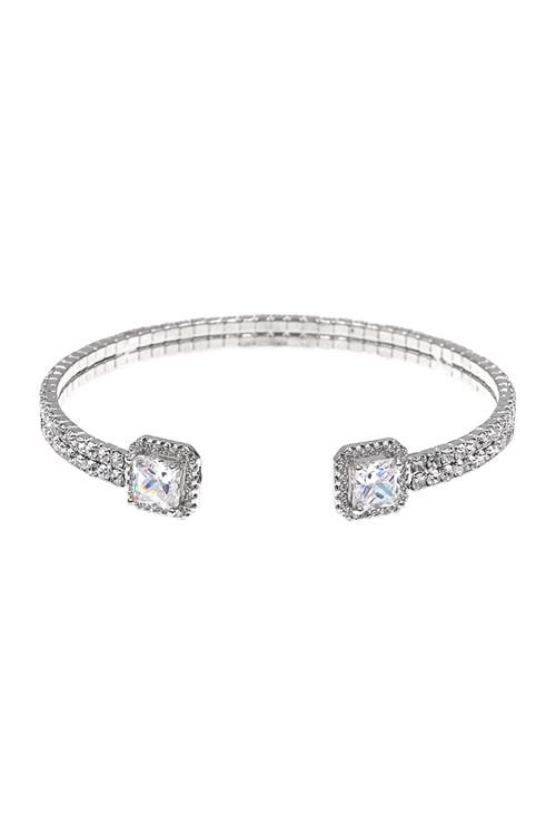 A2-4-4-83900CR-R - RHINESTONE SQUARE CUBIC ZIRCONIA 2 LINE CUFF BRACELET - CRYSTAL SILVER/1PC