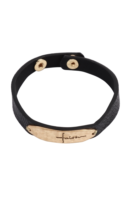 S23-13-5-83909JT-WG- "FAITH" LEATHER STRAP BRACELET-BLACK/6PCS