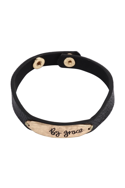 A3-3-3-83910JT-WG- "GRACE" LEATHER STRAP BRACELET-BLACK/6PCS