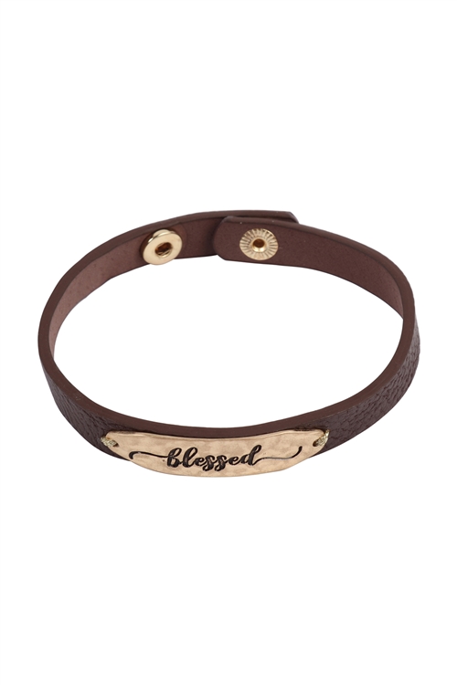 S17-9-4-83911STO-WG- "BLESSED" LEATHER STRAP BRACELET-BROWN/6PCS