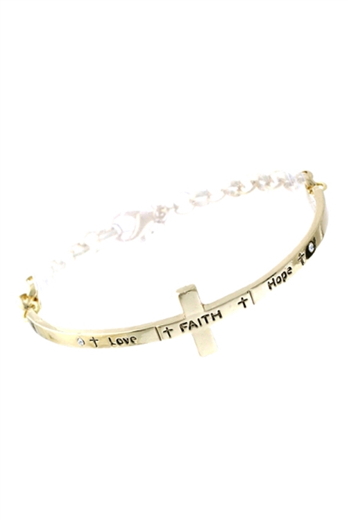 S1-3-4-83923CR-G - LOVE FAITH HOPE INSPIRATION CROSS CUFF CHAIN BRACELET-CRYSTAL GOLD/6PCS