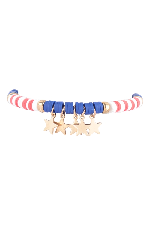 S18-8-3-84045MU-G -  USA FLAG STAR FIMO STRETCH BRACELET-MULTICOLOR/1PC