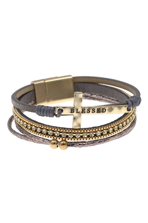 S24-3-5-84061BD-MG - CROSS  BLESSED LEATHER  WRAP MAGNETIC LOCK BRACELET-GOLD GRAY/1PC