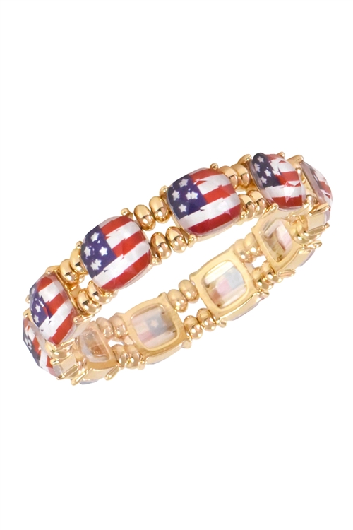 S18-8-3-84065MU-G - CUSHION CUT AMERICA FLAG W/ BEADS STRETCH BRACELET- MULTICOLOR GOLD/1PC