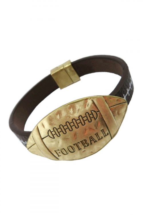 S5-6-1-84080STO-WG - SPORTS FOOTBALL ENGRAVED LEATHER BRACELET - MATTE GOLD/6PCS