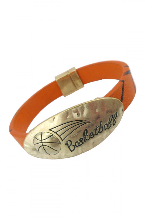 S5-6-1-84081HY-WG - SPORTS BASKETBALL ENGRAVED LEATHER BRACELET-ORANGE/6PCS