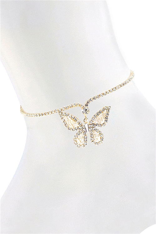 S4-4-5-84093ACR-G - CUBIC ZIRCONIA BUTTERFLY RHINESTONE ANKLET-CRYSTAL GOLD/6PCS