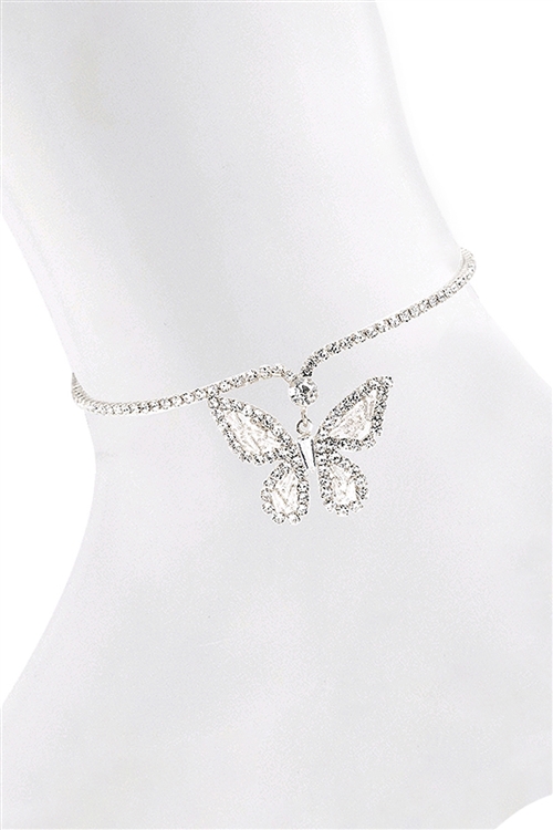 S4-4-5-84093ACR-S - CUBIC ZIRCONIA BUTTERFLY RHINESTONE ANKLET-CRYSTAL SILVER/6PCS