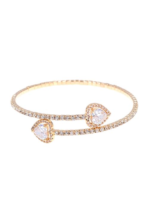 A3-2-4-84115VCR-G - RHINESTONE HEART CUBIC ZIRCONIA 1 LINE WIRE CUFF BRACELET - CRYSTAL GOLD/6PCS