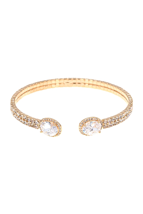 A3-2-4-84116CR-G - RHINESTONE  OVAL CUBIC ZIRCONIA  2 LINE WIRE CUFF BRACELET - CRYSTAL GOLD/1PC