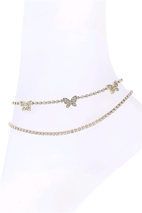 S4-4-5-84130ACR-G - RHINESTONE  BUTTERFLY SHAPE LAYERED ANKLET-CRYSTAL GOLD/6PCS