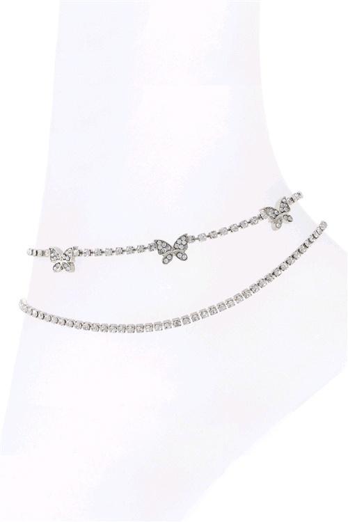 S1-6-3-84130ACR-S - RHINESTONE  BUTTERFLY SHAPE LAYERED ANKLET-CRYSTAL SILVER/6PCS