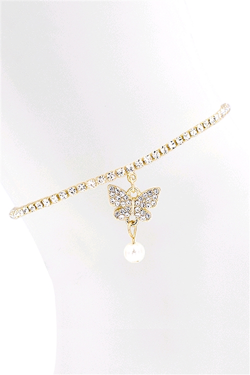 S4-4-5-84168ACR-G - BUTTERFLY PEARL RHINESTONE CHARM ANKLET-CRYSTAL GOLD/6PCS