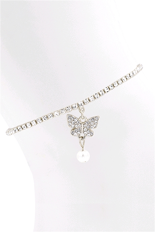 S4-4-5-84168ACR-S - BUTTERFLY PEARL RHINESTONE CHARM ANKLET-CRYSTAL SILVER/6PCS