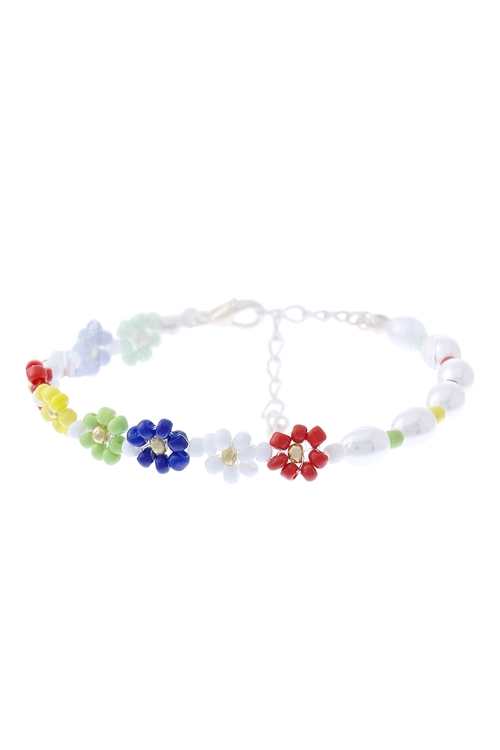 S1-7-2-84187MU-G - FLOWER BEAB W/ FRESH WATER PEARL CHARM BRACELET-MULTICOLOR GOLD/6PCS