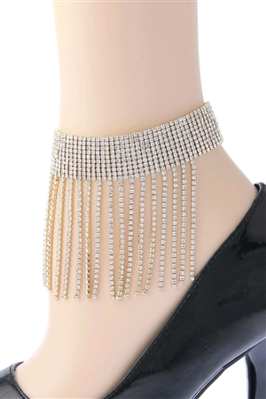 S1-1-1-84189ACR-G -10 LINE RHINESTONE FRINGE TASSEL ANKLET-CRYSTAL GOLD/6PCS