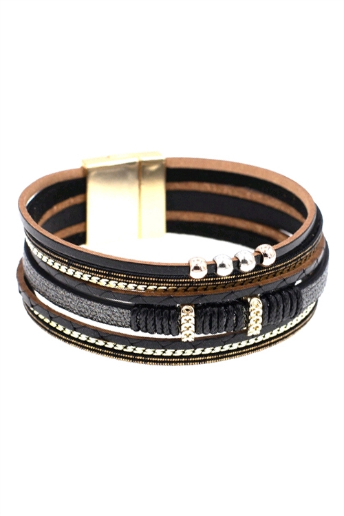 SA3-3-4-84231JT-WG - MULTI LAYERED LEATHER ROPE MAGNET LOCK WRAP BRACELET-GOLD BLACK/1PC