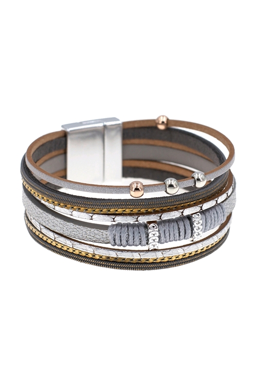 SA3-3-1-84231SIL-WS - MULTI LAYERED LEATHER ROPE MAGNET LOCK WRAP BRACELET-SILVER/1PC