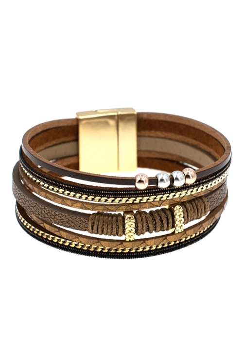 SA3-3-4-84231STO-WG - MULTI LAYERED LEATHER ROPE MAGNET LOCK WRAP BRACELET-GOLD BROWN/1PC