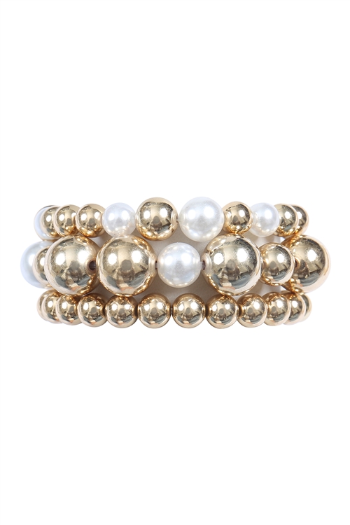 S1-8-2-84345WH-G - METAL BEAD AND PEARL MULTI LAYERED BRACELET SET-WHITE GOLD/1PC