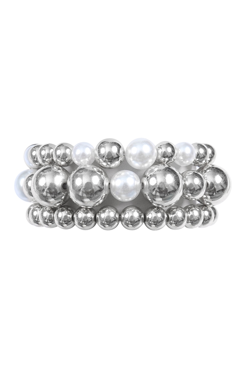 S1-8-2-84345WH-R - METAL BEAD AND PEARL MULTI LAYERED BRACELET SET-WHITE SILVER/1PC