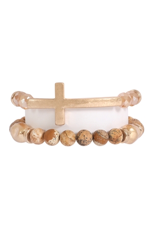 S6-5-1-84439LCT-WG - 2 LINE CROSS NATURAL STONE BRACELET-MATTE GOLD BROWN/1PC