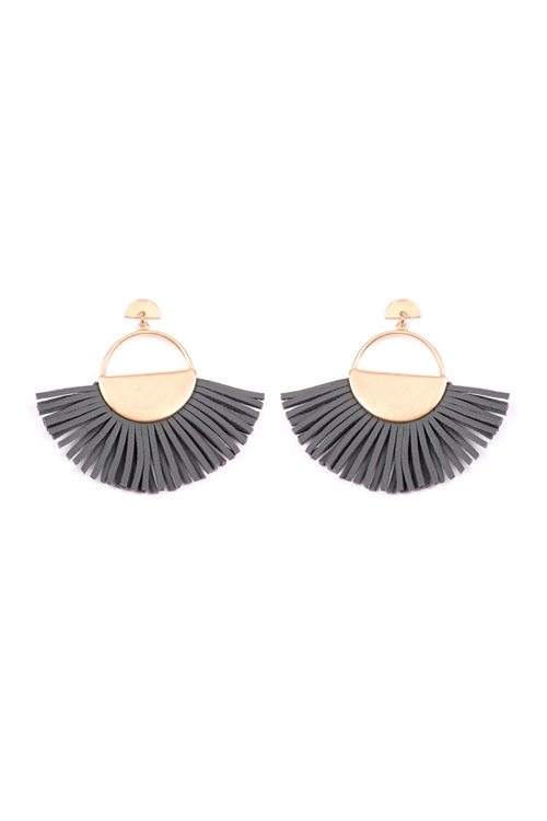 S7-6-3-A7E2085GRY - METAL WITH LEATHER FAN FRINGE EARRINGS-GRAY/6PCS