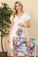 S18-12-1-ABT0015-1 - TROPICAL BIRD PRINT TOTE BAG WITH MATCHING WALLET-BLUE/1PC