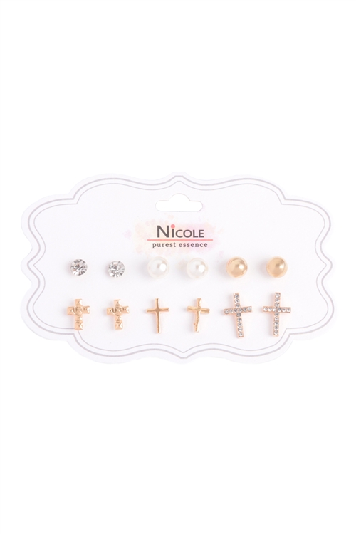 S19-8-6-ACR1162 - CUBIC, PEARL, BALL, CROSS EARRING ASSORTED SET-GOLD SILVER/12PCS