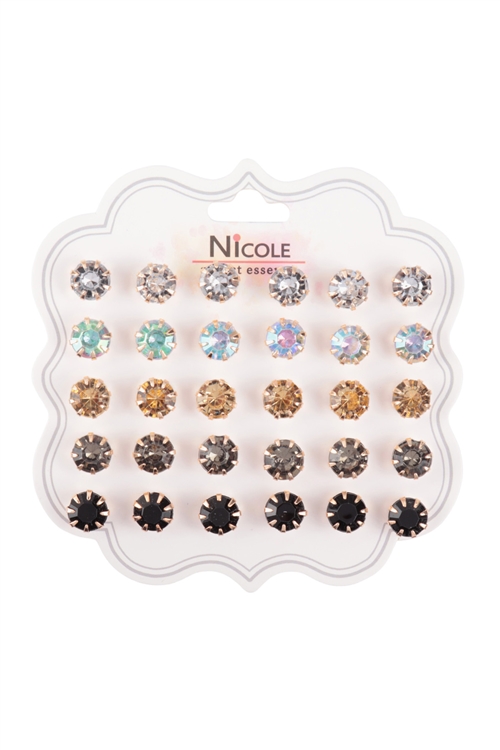 S22-5-1-ACR1231BR - ASSORTED SET RHINESTONE ROUND STUD EARRINGS-MULTICOLOR BROWN/12PCS