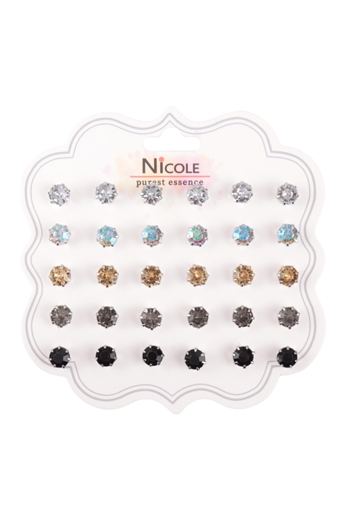 S17-11-4-ACR1232BR - ASSORTED SET RHINESTONE ROUND STUD EARRINGS-MULTICOLOR BROWN/12PCS