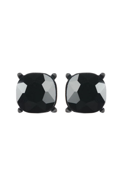 S18-8-2-AE0088BK-JET - GLASS CUSHION POST EARRINGS - BLACK/1PC